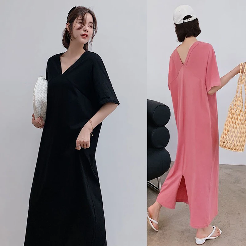 Fashion V-Neck Loose Solid Color Split Backless Long Dress Female Clothing 2024 Summer New Oversized All-match Casual Dresses