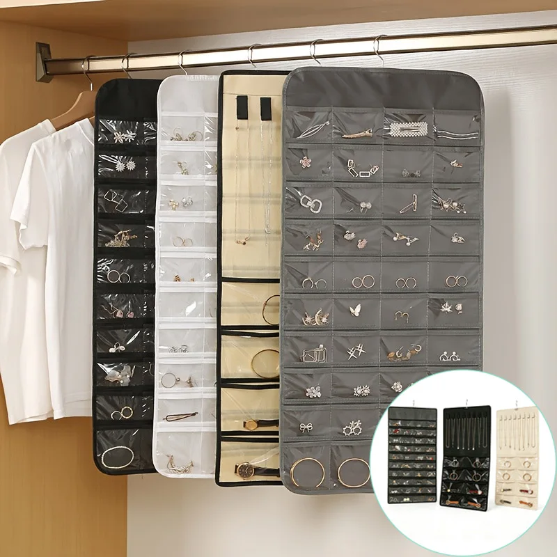 

Рулонный органайзер для ювелирных изделий на 80/48 карманов, двусторонний прозрачный, большой емкости, портативный, для хранения подвесок и украшений