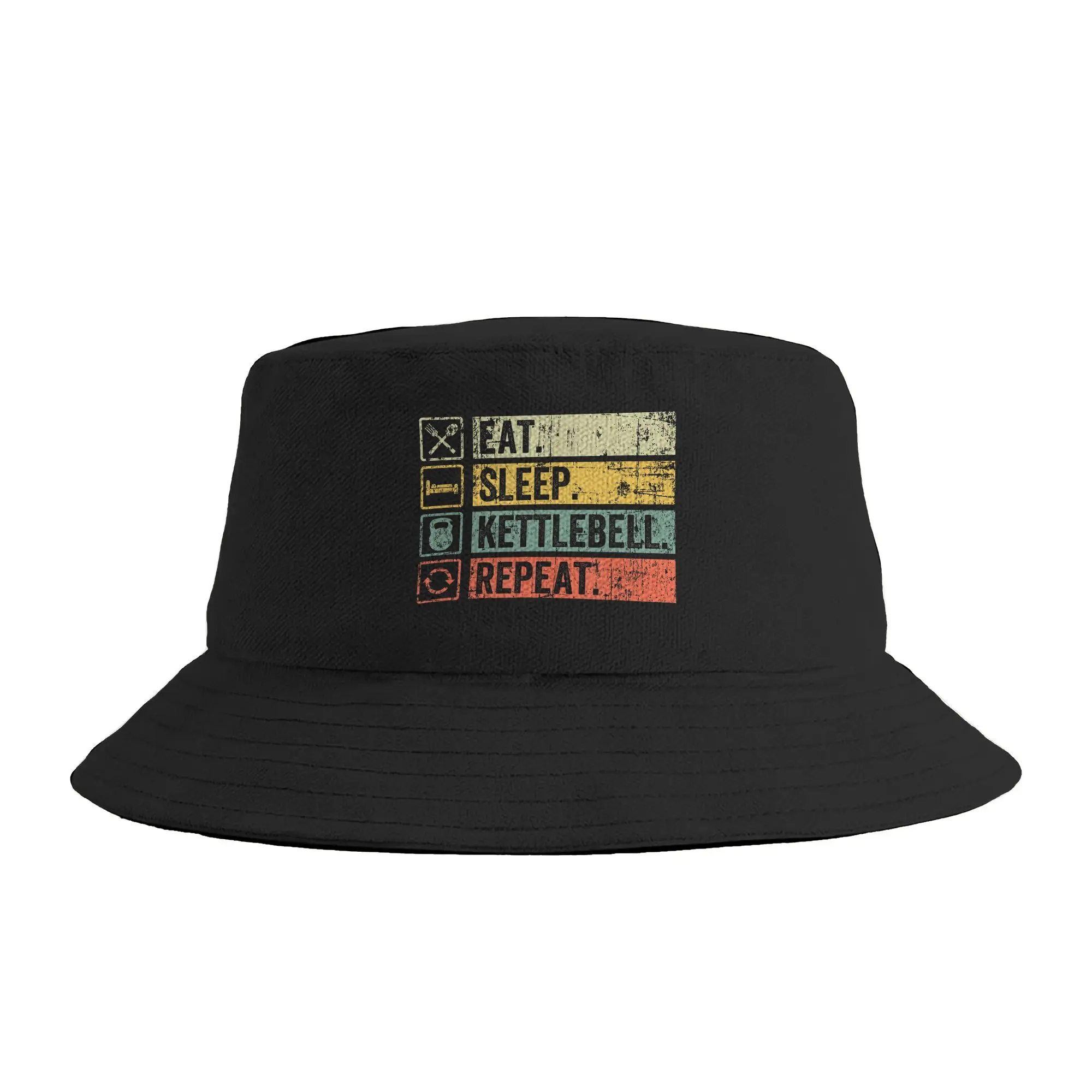 Retro Eat Sleep Kettlebell Repeat Fitness Gym Bucket Hat Summer  Casual Fisherman Hats For Women Foldable Hunting Caps