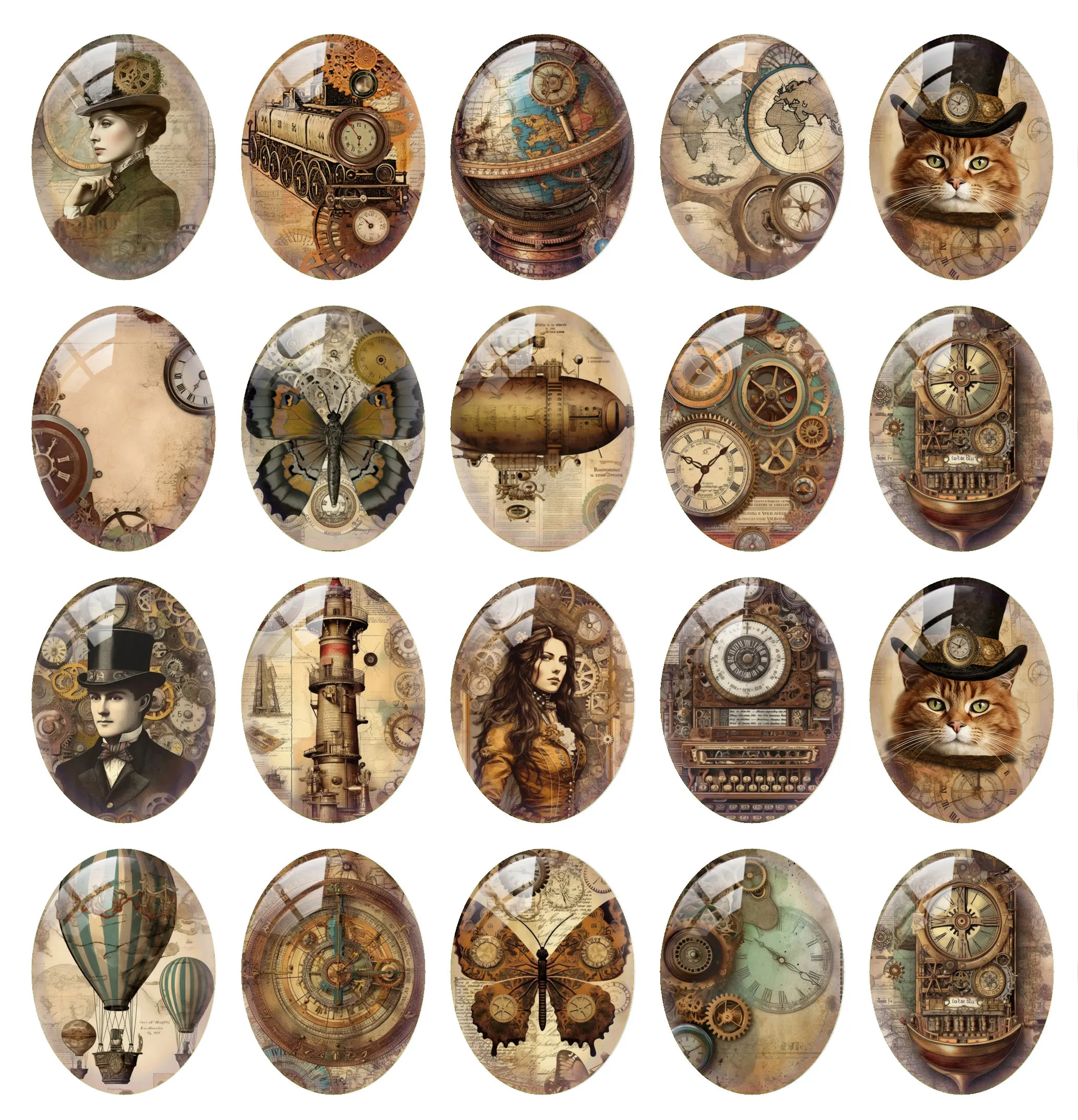 10pcs/lot Steampunk Gear Cat Butterflies Girl Clock Globe Oval Photo Glass Cabochon Flatback Demo Cameo For Diy Jewelry Making