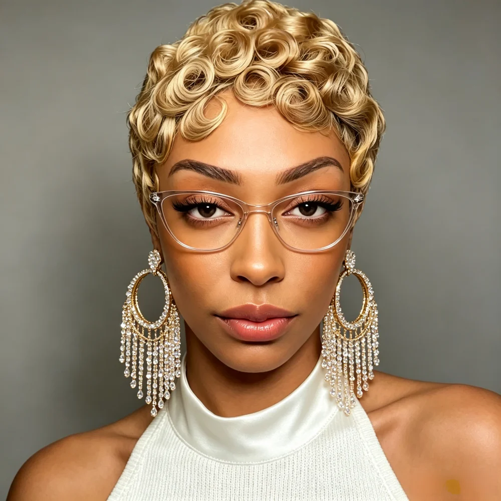 Full Machine Made 27# Honey Blonde Wave Short Pixie Human Hair Wig, Soft Wave Human Hair Wigs For Women, Natural Looking Short