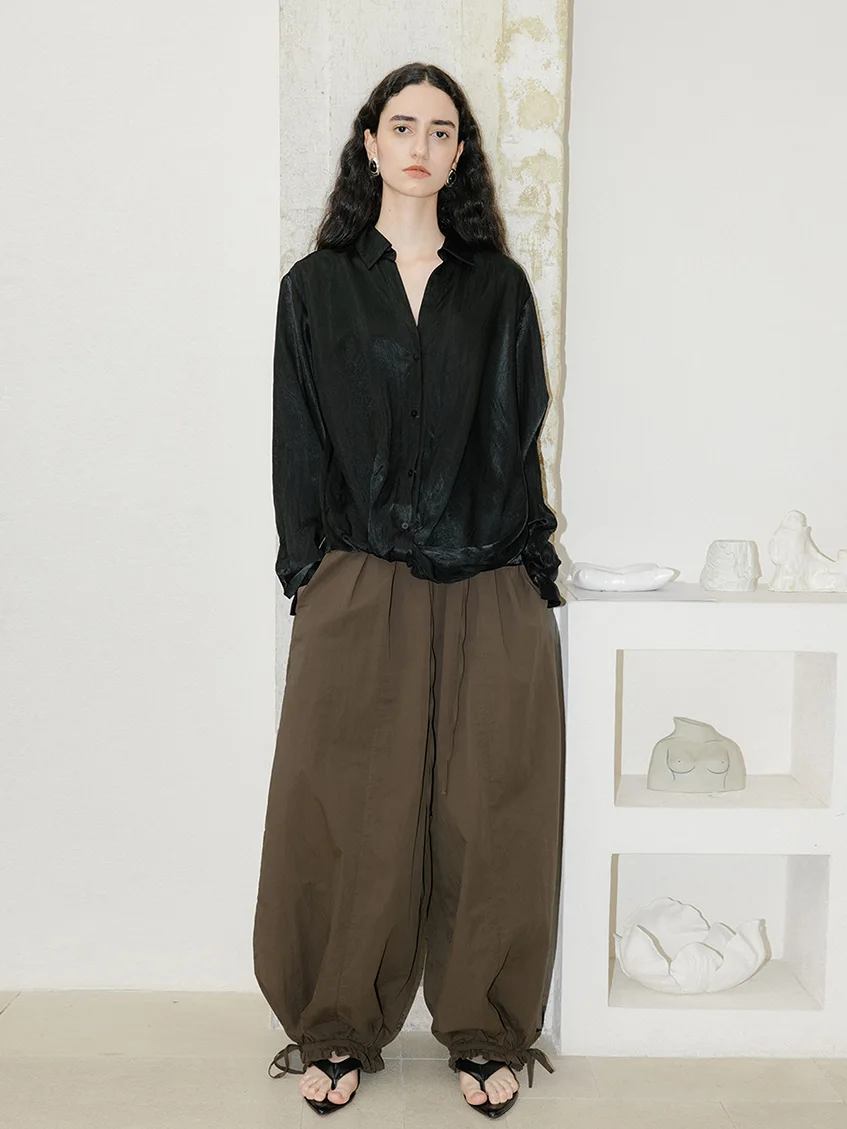 

Acetate Satin Knot irt V-ne Drapey Glossy Simple Versatile Elegance Stand Collar Design Sense Top Loose Fit Long Sve