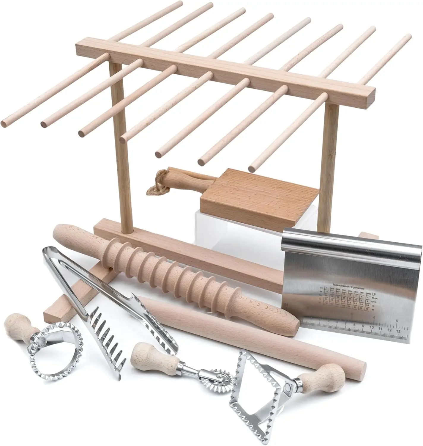 9 Pcs Pasta Making Tool Set with Drying Rack, Tongs, Ravioli Stamp, Rolling Pins, Gnocchi Board & Scraper