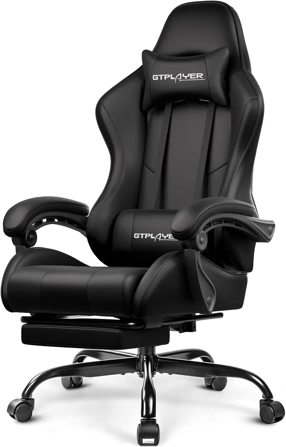 GTPLAYER Gaming Chair, Computer Chair with Footrest and Lumbar Support, Height Adjustable Game Chair with 360°-Swivel Seat and Headrest and for Office or Gaming (Faux Leather, Black)