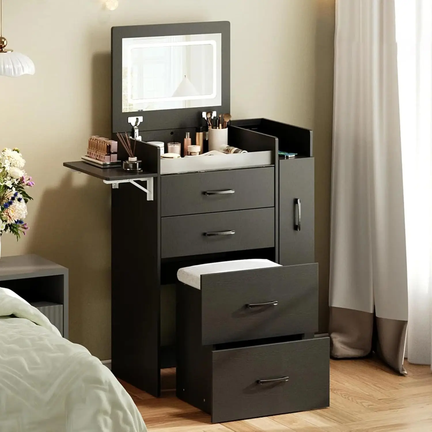 3 in 1 Vanity Desk with Flip Top Mirror, LED Lights, Side Cabinet,Collapsible Desk Panel, Hidden Stool with Storage, Sma