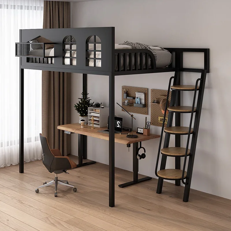 Cama individual de hierro forjado para niños, piso superior, apartamento pequeño debajo de la mesa, cama elevada, segundo piso, ahorro de espacio