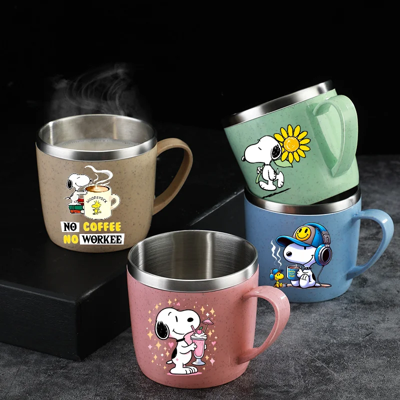 Snoopys 304 Stainless Steel Mouth Cup Wheat Straw Cute Anime Coffee Milk Water Cups Household Anti-scalding Drinking Glass Gift