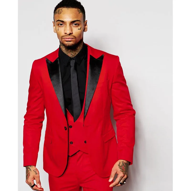 Fashion Red Men Suits Black Peaked Lapel Three Pieces Groom Tuxedo Men Suit Custom Made Slim Fit Groomsmen ( Jacket+Pants+Vest)