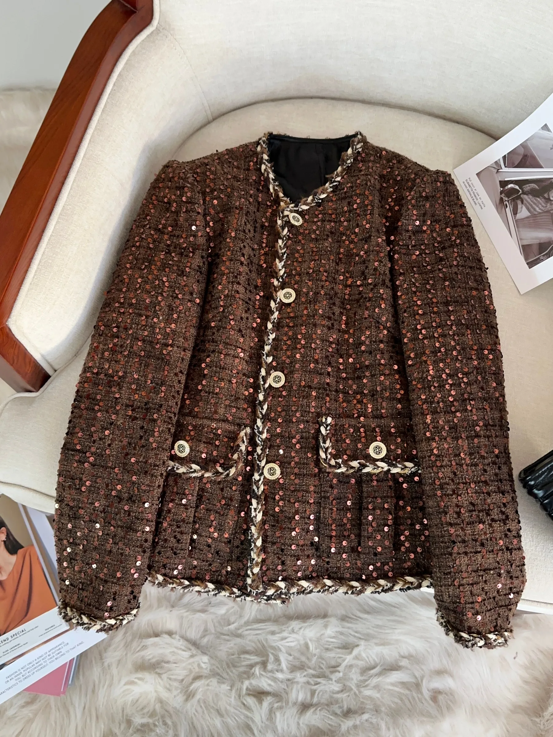 

Карамельный пайеточный жакет для женщин: новая осенне-зимняя коллекция, элитный стиль, элегантный топ свободного кроя для повседневной носки