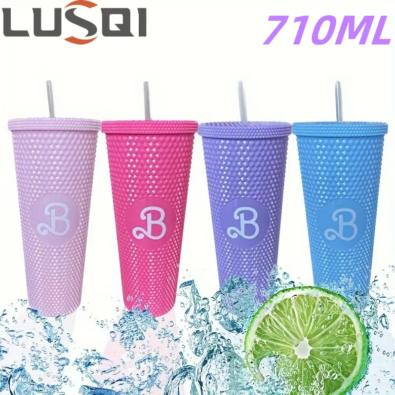LUSQI 710 ml Wasserflasche, Premium-Trinkbecher mit großem Fassungsvermögen, auslaufsicher und 1 Strohhalm, wiederverwendbar, kreativer Trinkbecher mit Durian-Muster