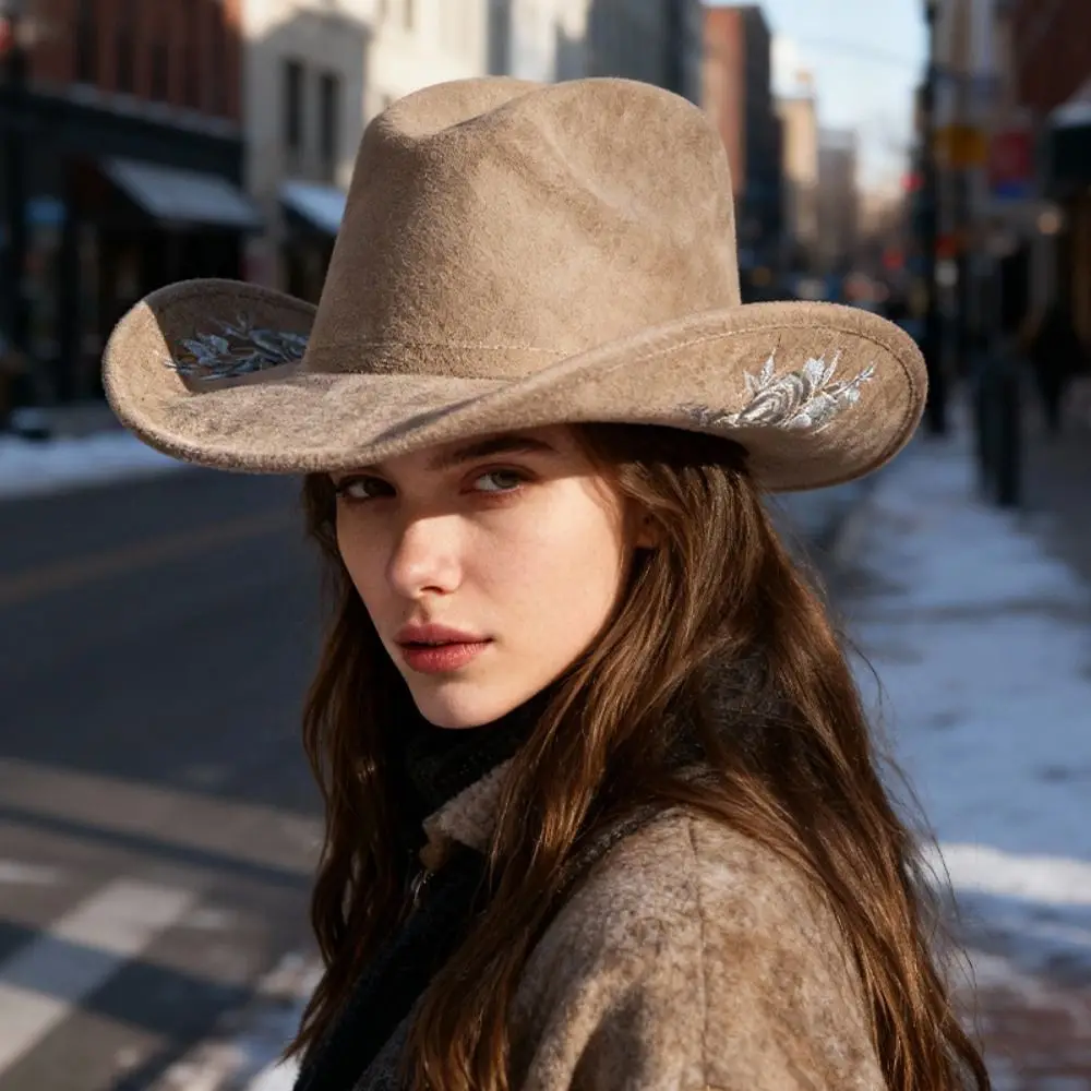 

Large Brimmed Embroidered Felt Top Hat Embroidery Flower Decoration Performance Cap Woolen Hats Formal Occasion Jazz Hats