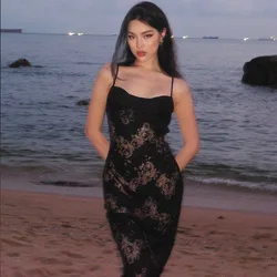Black Slip Backless Floral Print Patchwork Lace Sexy Bodycon Maxi Dress 2023 Summer Party Club Vacation Clothes