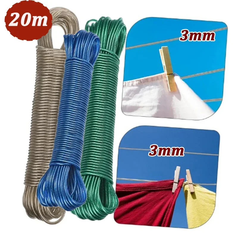 20M Clothes Drying Rope Washing Line Steel Wire Cloth Rope Garden Travel Drying Clothes Camping Outdoors Wire Lines Clothesline