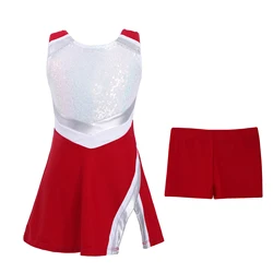 Kid Girl Cheerleading Costumes Uniform Sleeveless Shiny Sequins Dance Cosplay Roleplay Dress with Shorts Set Cheerleader Uniform