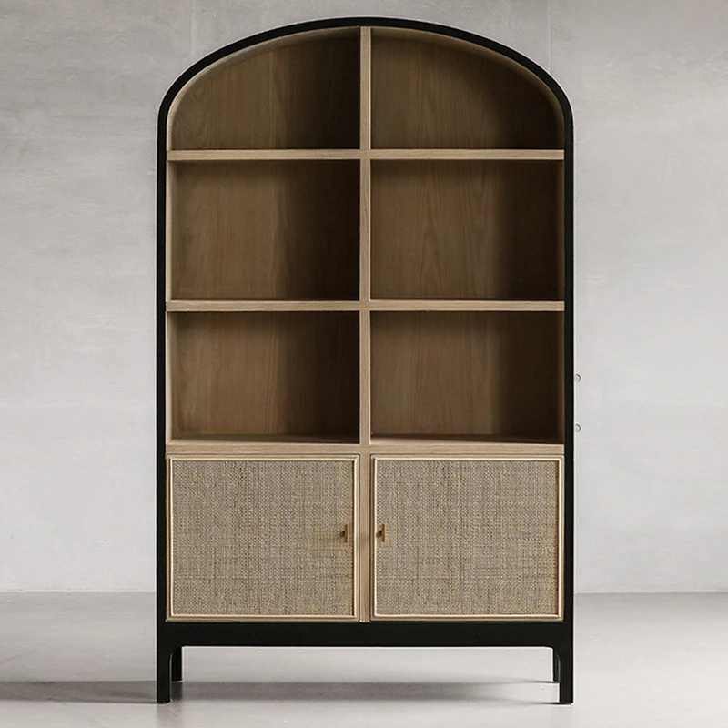 خزانة كتب من الخشب الصلب لغرفة المعيشة، باب من الخيزران، خزانة عرض مزخرفة، خزانة تخزين أرضية فرنسية عتيقة #4