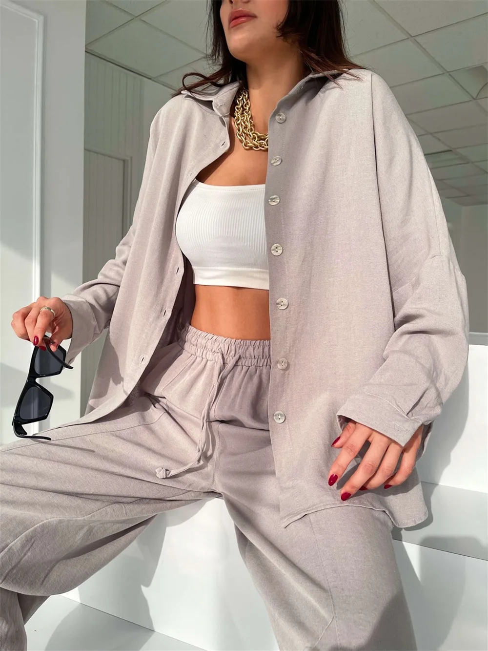 Long Sleeve Shirt Tops Harem Pants Suit Women Spring Casual Suit Two Piece Set Lapel Shirt Trousers OL Fashion Loose Outfits