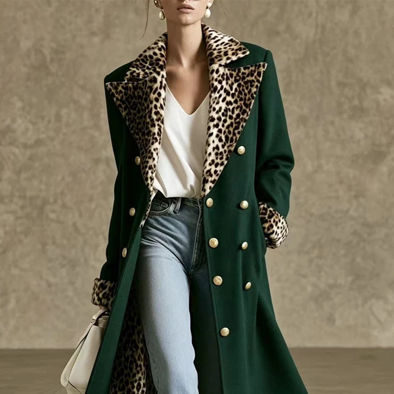 Women‘s Long Coat Leopard Print Lining Notched Lapel Double Breasted Maxi Length Winter Outerwear Elegant Streetwear Overcoat