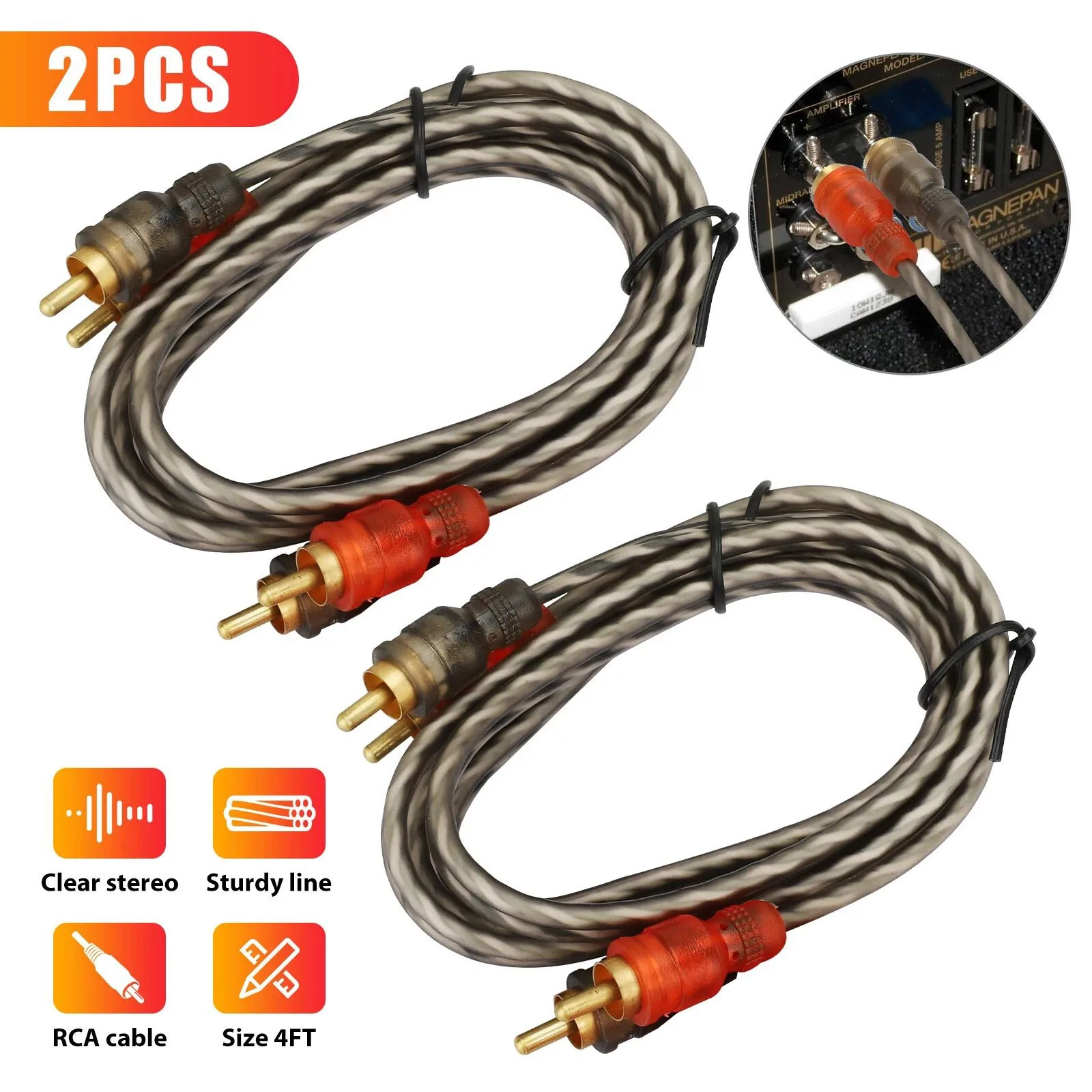 2 Pack 4ft RCA Audio Cables 2-Channel Copper Core Stereo Interconnect Cable Connectors for Car Amplifier Home Theater Subwoofer