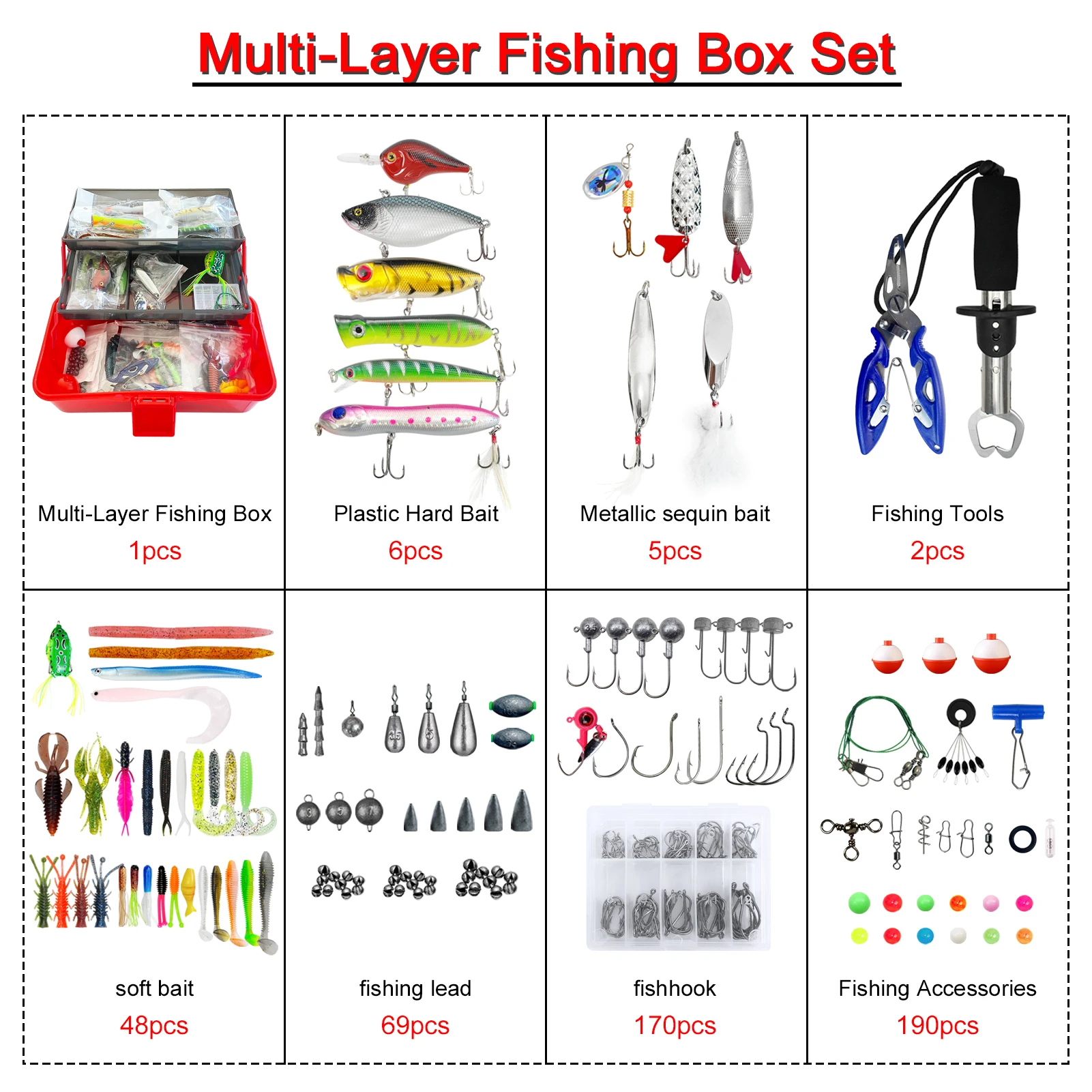 Fishing Tackle Kit with Box,Mixed Soft Lures,Hard Bait,Fishing Gripper Hooks Sinkers Jigs Swivels Beads for Freshwater Saltwater