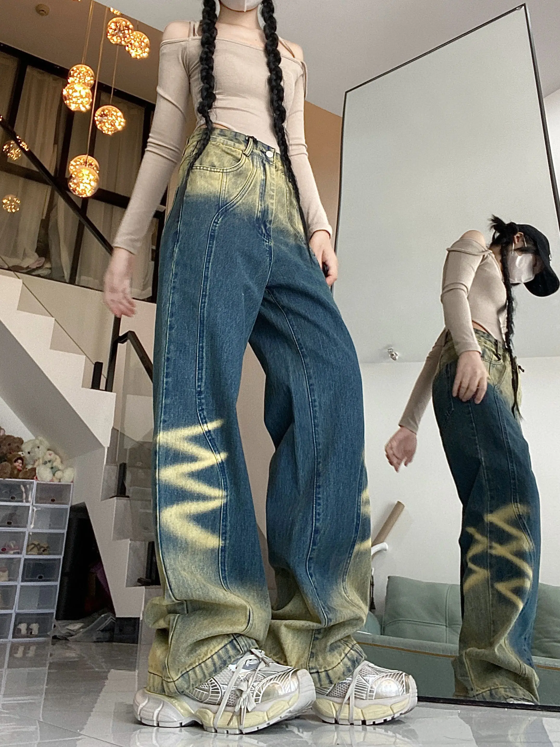 American High Street Retro Y2K Design Fashion Dark Blue Hole Hot Girls Jeans Women's Straight Tube Loose Wide Leg Denim Pants