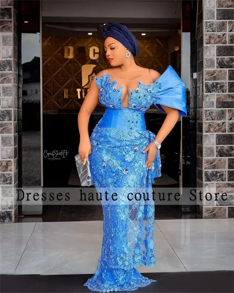 Aso Ebi Sky Blue Lace Mermaid Evening Dresses Africa For Women 2025 One  Shoulder Beaded Appliques Wedding Party Gown Customized - AliExpress 320