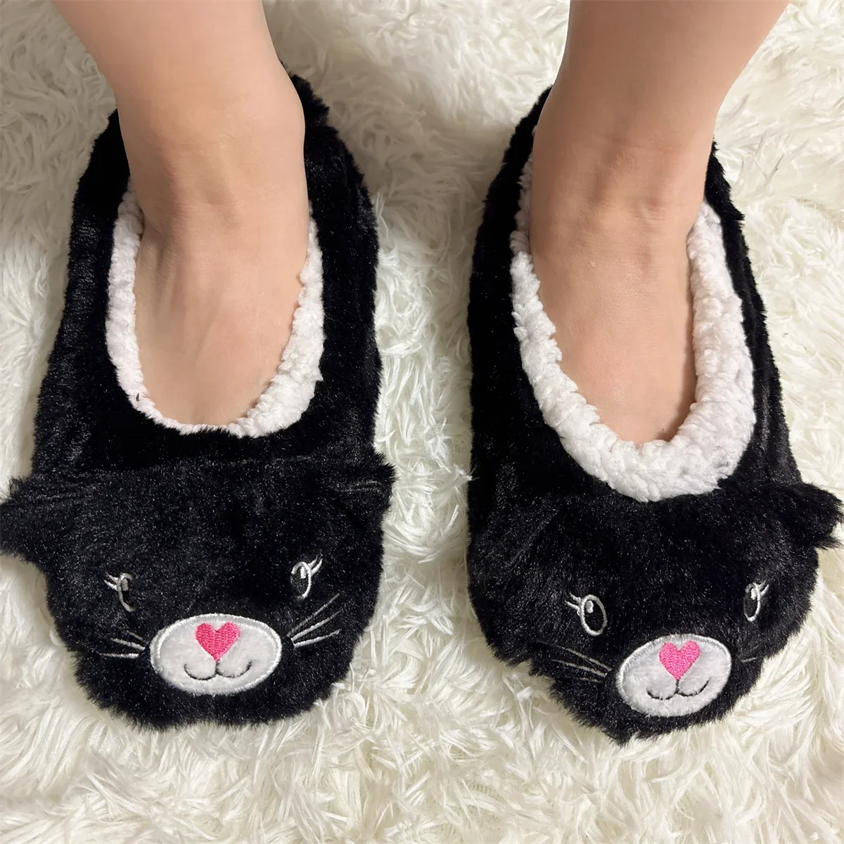 Home Fuzzy Slipper Women Cat Penguin Winter Fur Contton Warm Plush Non Slip Grip Indoor Fluffy Lazy Female Embroidery Floor Shoe