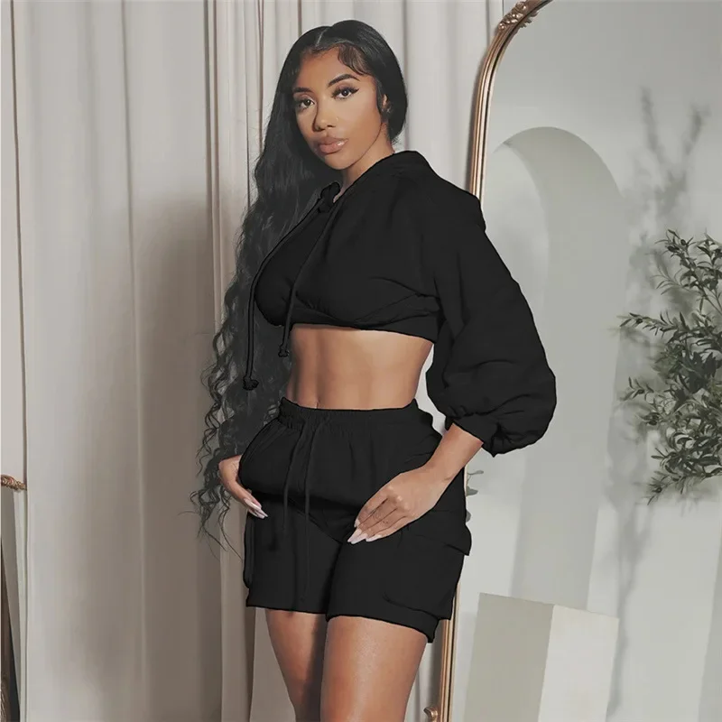 Solid Color Tracksuit Women 2023 Autumn New Casual Long Sleeve Hooded Crop Top High Waist Slim Fit 3/4 Shorts Sports Streetwear