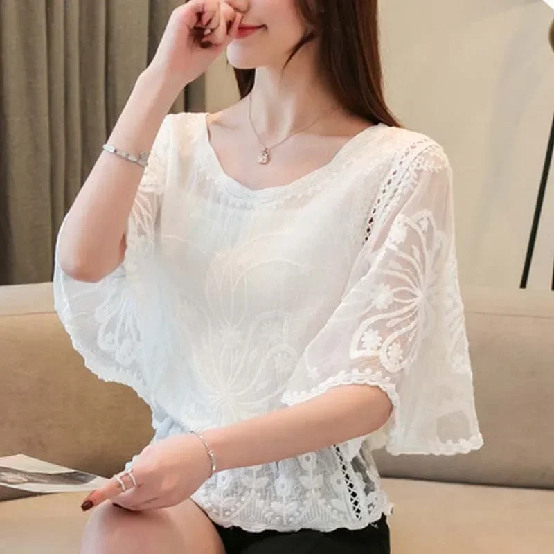 Spring Casual Chiffon Blouse Woman Half Sleeve Butterfly Flower Shirts for Women Fashion  Cotton Lace O-Neck Loose Tops 4073