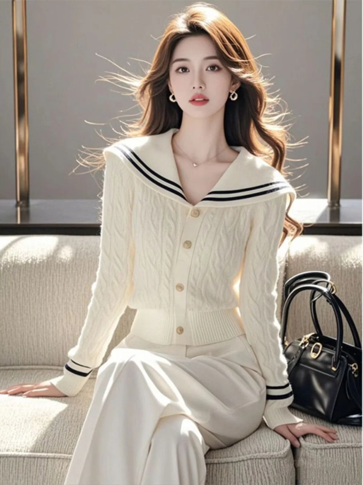 Soft Long Sleeve Knitted Navy Collar Women's Sweater Sweet Style College Theme Cardigan for Pear Shaped plus Size Autumn Winter
