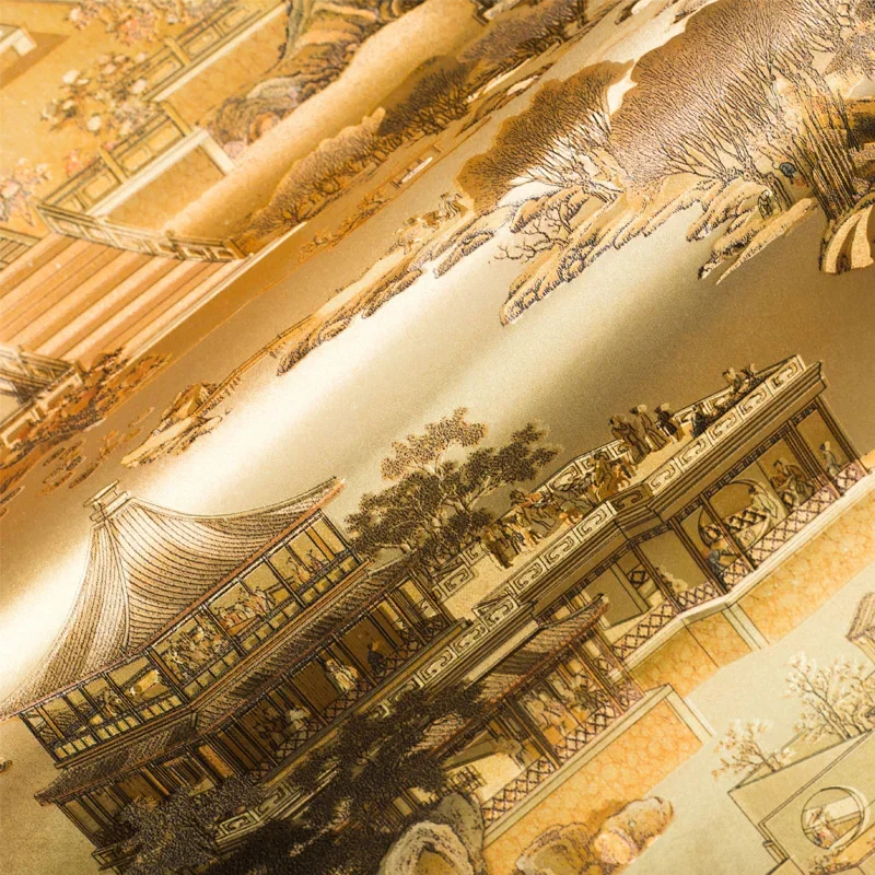 Qingming Shanghetu Wallpaper Gold Foil Golden Yellow Hotel Restaurant Chinese Store Decoration Wallpaper Luxury Home Decor