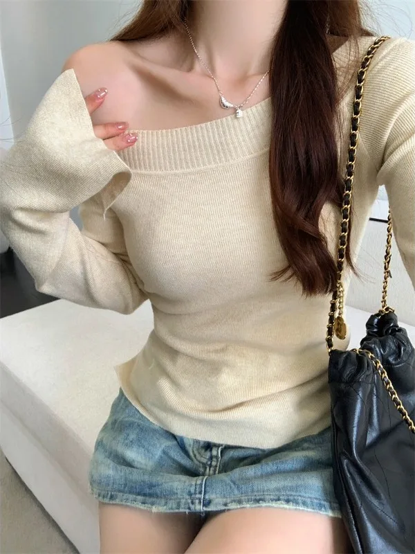 

Стильная женская трикотажная базовая кофта с открытыми плечами и длинными рукавами, теплосберегающая, однотонная, для весеннего сезона