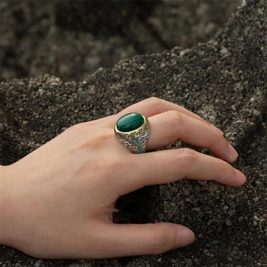 Wholesale Real 925 Sterling Silver Turkish Ottoman Rings Wedding Fashion Natural Malachite Stone Handmade Vintage Ring