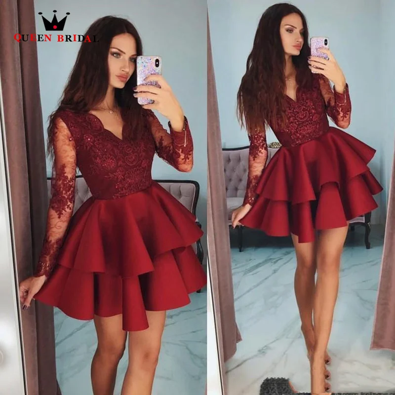 

Sexy V-Neck Cocktail Dress Red Long Sleeve Tiered Beaded Lace Applique Above Knee, Mini robe cocktail femme Custom Made JW01