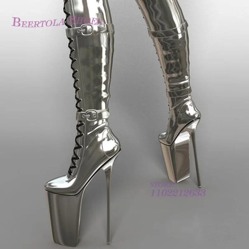 Silver Galaxy Glossy Glossy Boots Women Lace Platform 20Cm Heels Pole Dance Sexy Zipper Knee Booties Black Leather Custom Shoes