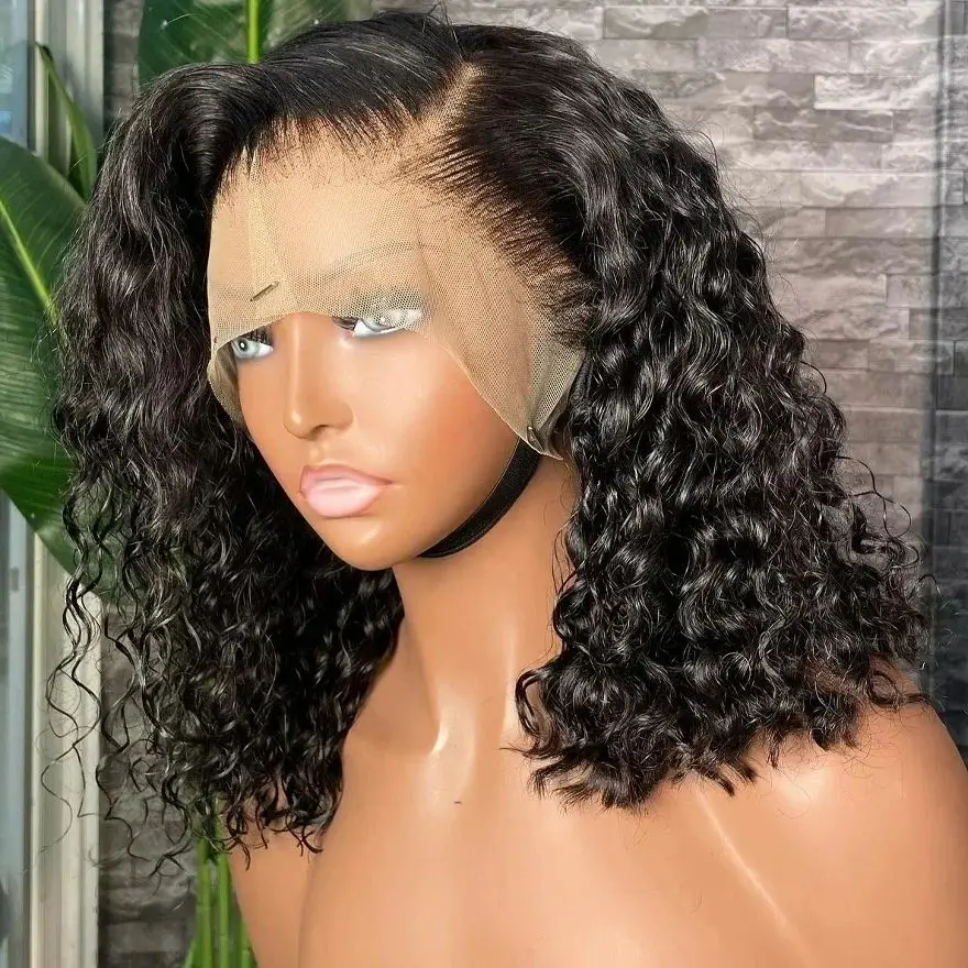 

Water Wave 13x4 Short Bob Wigs Human Hair Lace Frontal Curly Wigs For Women PrePlucked HD Transparent Lace Front Wig 200 Density