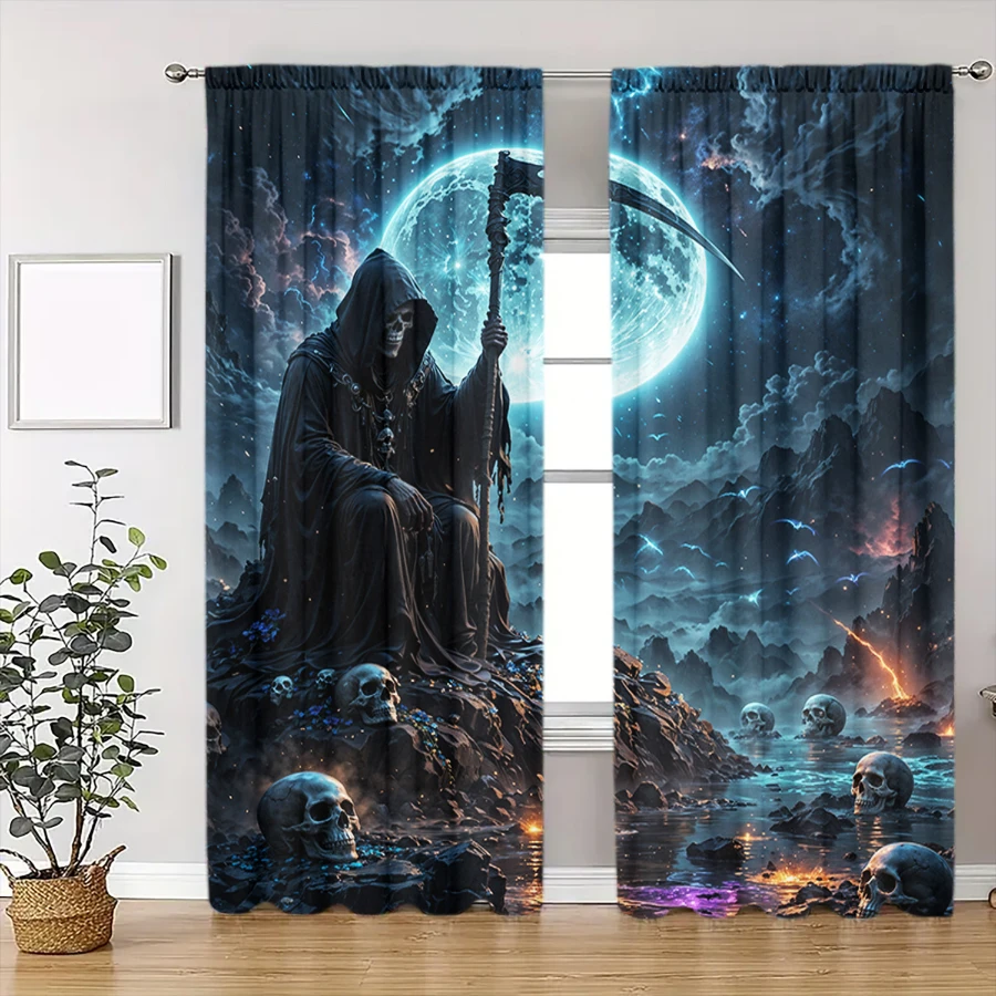 2PCS Digital Printed Curtains, Rock Skull Skeleton Pattern, Creative Print Style Rod Pocket Drapes for Bedroom Living Room Decor