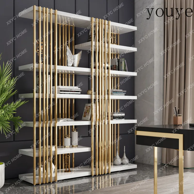 XXLight luxury bookshelf Floor-to-ceiling stainless steel bookcase Multi-layer partition display rack Living room shelf