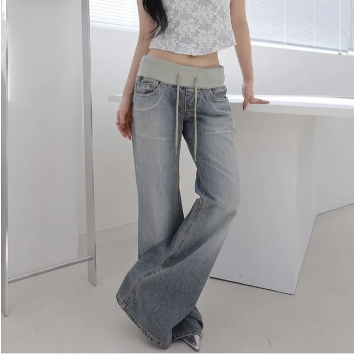 Summer 2026 Chic Fashionable High Waist Cuffed Jeans Women's Body Shape Highlighting Lightly Flared Denim Blue Cotton Blend