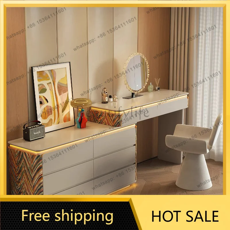 LD  Dressing Table Solid Wood Dressers Bedroom Integrated Chest of 6 Drawers Home Makeup Table with LED Mirror   Desk