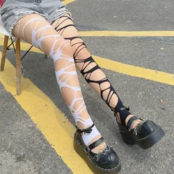 Sexy New Trendy Women Perforated Lace Mesh Stocking Halloween Gothic Black Punk Torn Strap Y2k Ragged Hosiery Party Pantyhose