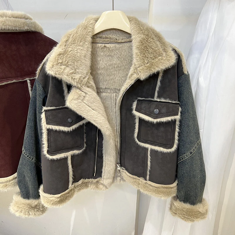 Cappotto patchwork in lana di agnello da donna causale manica lunga moto giacche bicker spesse calde capispalla moda autunno inverno femminile