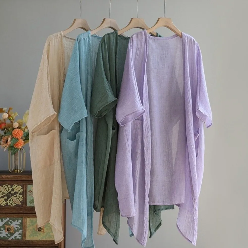 Basic Short Sleeved Linen Cardigan Sunscreen Cover Front Opening Summer Shirt Loose Simple Beach Top Casual Wear