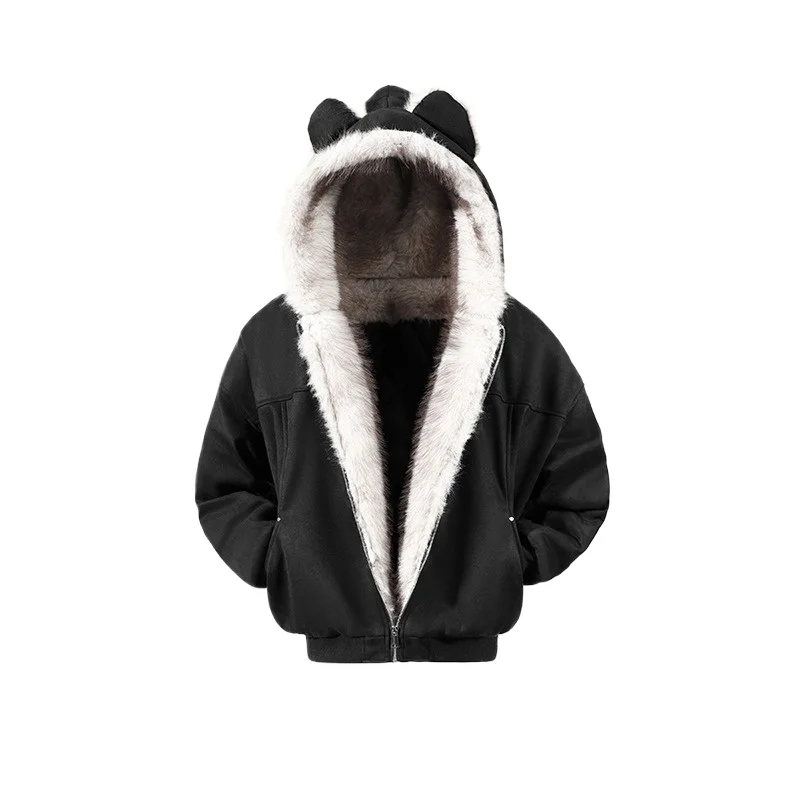 الأمريكية الرجعية المتخصصة تصميم بسيط الخريف والشتاء مقنعين القط الأذن زوجين القطن وسادة مبطنة للجنسين هود يحافظ على معطف دافئ #2