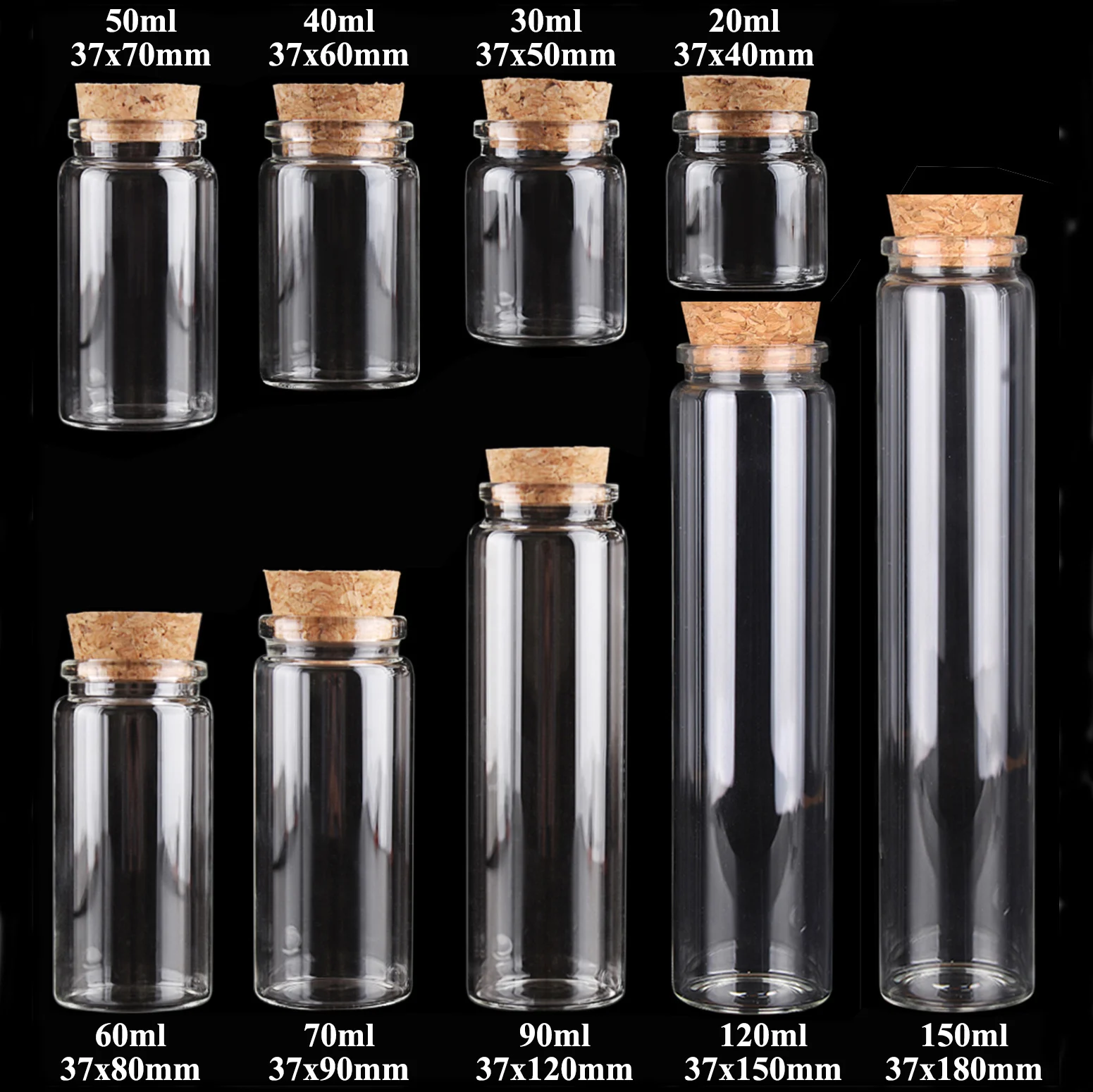 6 Pieces 20ml 30ml 40ml 50ml 60ml 70ml 90ml 120ml 150ml Glass Bottles with Cork Stopper Spice Jars Vials Crafts 7 Sizes U-pick