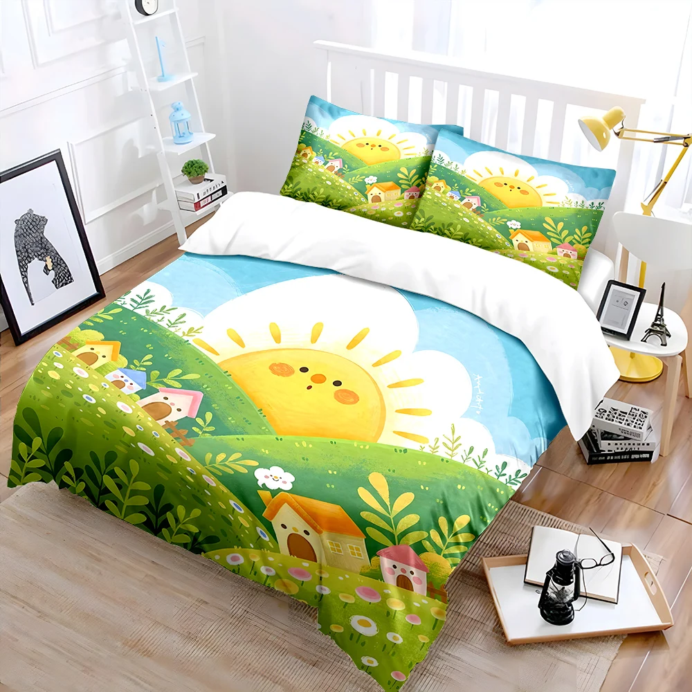 Niedliche Märchenlandschaft mit sonnigen Häusern, bedrucktes Bettwäsche-Set, 1 Bettbezug, 2 Kissenbezüge für Erwachsene und Kinder, Luxus-Geschenk, volle Größe