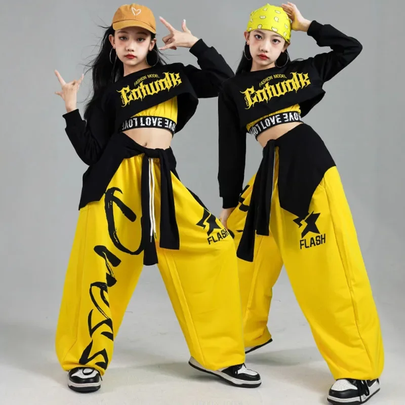 Hip hop meninas colheita topo dança de rua doce cor calças de carga crianças k-pop streetwear crianças trajes jazz menina grupo roupas conjunto
