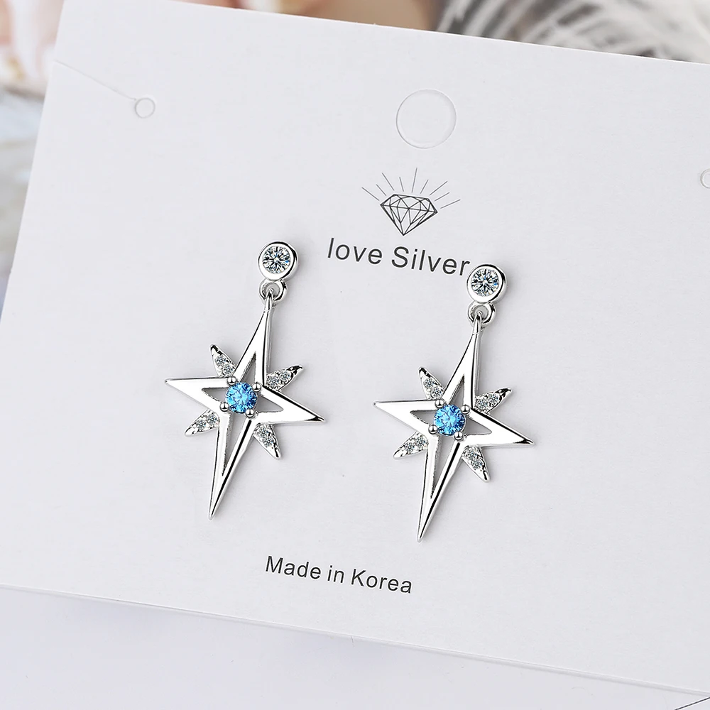 Real 925 Sterling Silver Fashion Charm Star Blue CZ Stud Earrings For Women Wedding Party Fine Jewelry DS559