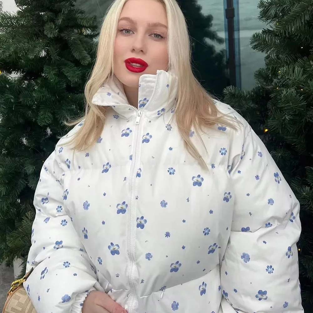 Chic Woman Winter 2024 White Floral Warm Woman Winter Coats Elegant Luxury Women\'s Coats Parkas