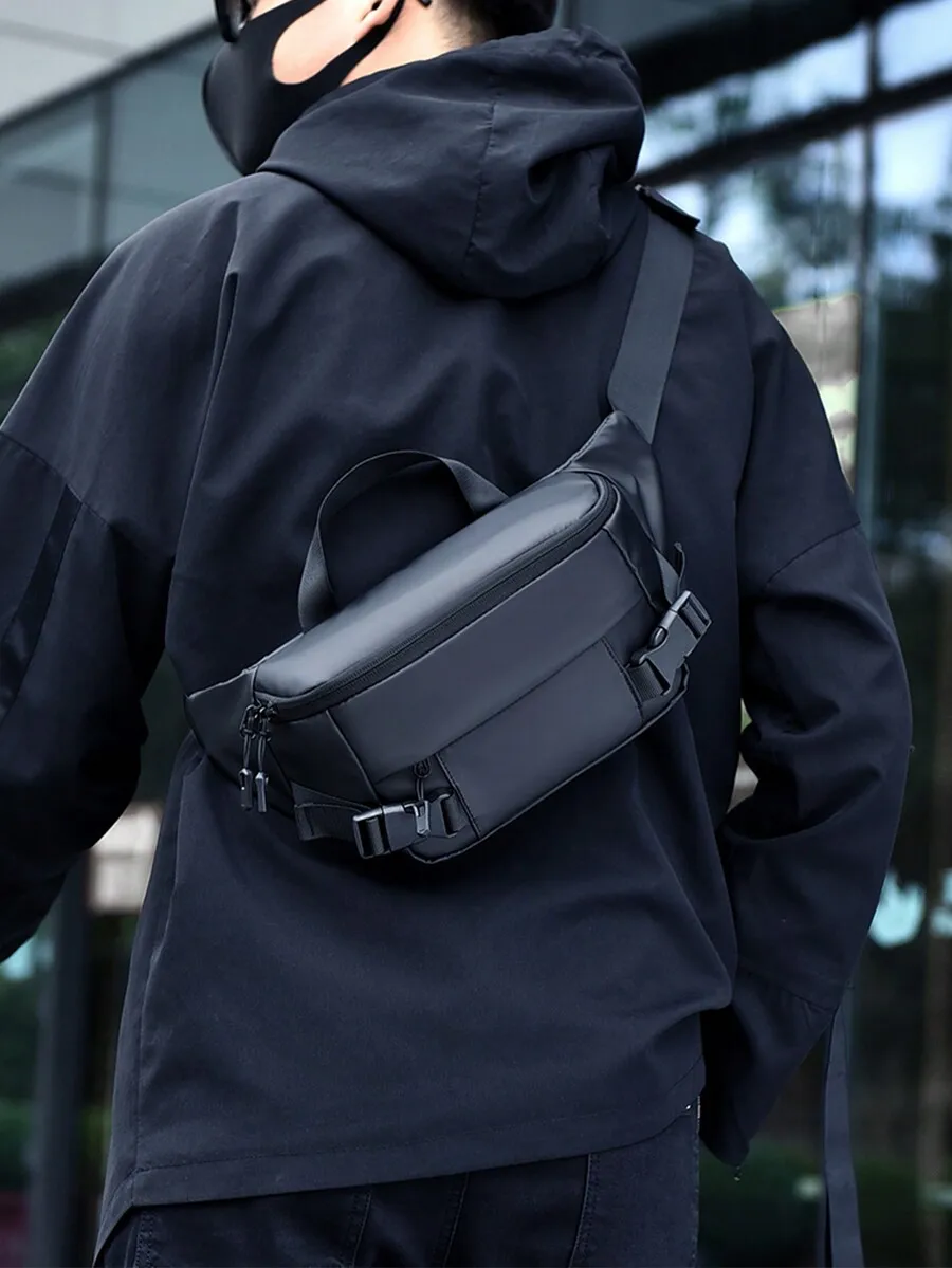 Stylish Solid Black Waterproof Oxford Cloth Shoulder Bag/Crossbody Bag/Waist Bag, Made Of Coated Oxford Cloth Material, Suitable
