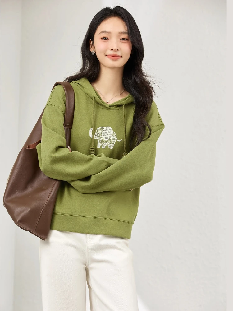 VIMLY Green Hoodies Woman Autumn 2025 Casual Elephant Funny Embroider Loose Ribbed Cuffs Female Sweatshirts Clothes Woman A2001
